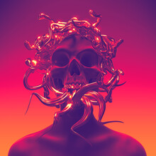 Abstract Illustration From 3D Rendering Of Black Female With Screaming Skull Head,shiny Gold Medusa Snakes Headpiece, Teeth And Many Snake Tongues Out Isolated On Background In Vaporwave Style Colors.