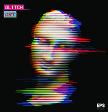 Glitch Art. Vector Glitch Corrupted RGB Color Mode Offset Illustration From 3D Rendering Of Female Classical Head Sculpture In Horizontal Line Halftone Style Isolated On Black Background.