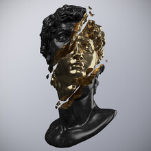 Abstract Illustration From 3D Rendering Of A Gold And Black Marble Bust Of Male Classical Sculpture Broken In Three Pieces And Tiny Fragments Isolated On Gray Background.