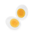 Halves of fresh hard boiled egg on white background, top view