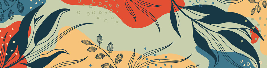 Wall Mural - botanical banner with organic shapes, leaves, plants. abstract natural elements in trendy doodle sty