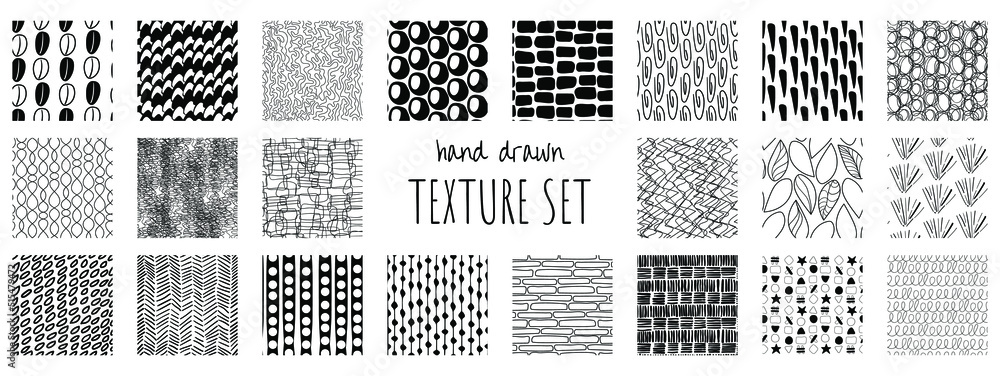 Set of hand drawn black on white seamless textures. Vector illustration ...