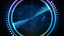 Abstract Background Of Futuristic Technology Screen Scan Radar Shipping Cargo Ship Route Path With Scan Interface Hud