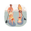 Paddleboard isolated cartoon vector illustration. Family paddleboarding on a lake, summer vacation activity, children and parents standing on a paddleboard, wearing lifejacket vector cartoon.