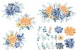 flower arrangement orange blue, with flower and leaves isolated clip-art
