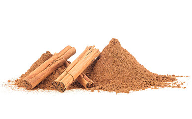 Wall Mural - Ceylon cinnamon sticks and pile of ground cinnamon isolated on a white background