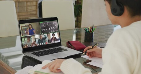 Poster - Animation of asian boy in headphones having online lessons on laptop at home