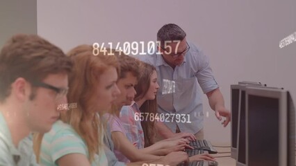 Wall Mural - Animation of numbers over caucasian male teacher and students using computers