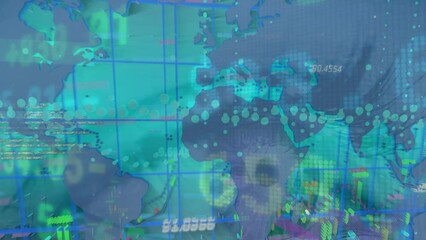 Wall Mural - Animation of financial data and world map on green background