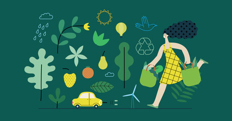 Ecology - Sustainable thinking -Modern flat vector concept illustration, woman with eco bags, electric car, sustainable transport, solar and wind energy, plants. Creative landing web page template