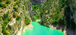 view to cliff rocks of Verdon Gorge at lake of Sainte-Croix, Provence-Alpes-Cote d'Azur. Provence, France. relaxing time und travelling background. On road trip