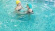 © Dilya - Little girl learning to swim with mother in big sport pool. Swimming school for small children. Healthy kid enjoying active lifestyle. Preschooler practicing with foam pad and noodle.