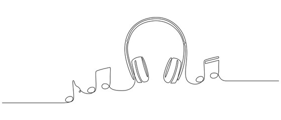 Poster - Continuous one line drawing of headphones with music notes. Headset gadget and earphones devices in simple linear style. Editable stroke. Doodle vector illustration