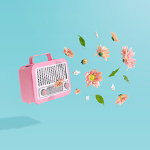 Old Pink Vintage Retro Style Radio Receiver With Colorful Summer Flowers And Green Leaves Against Pastel Blue Background. Advertisement Idea. Minimal Nature Concept.
