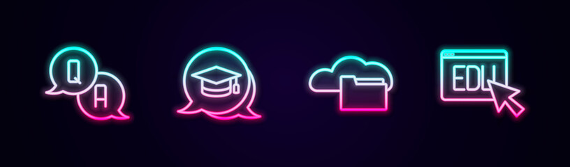 Set line Question and Answer, Graduation cap in speech bubble, Cloud or online library and Online education. Glowing neon icon. Vector