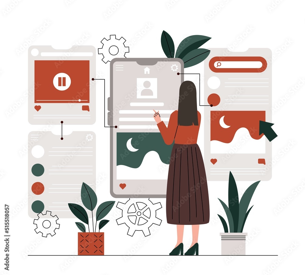 User Insight Cartoon User flow concept. Woman evaluates statistics of page using graphs and ...