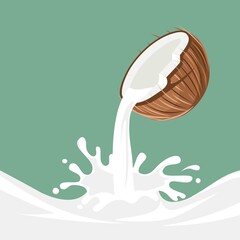 Vector illustration, coconut with milk splash, element design for packaging, advertisement.