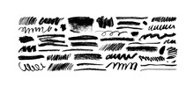 Charcoal Pencil Curly Lines And Squiggles, Wide Strokes. Scribble Black Strokes Vector Set. Hand Drawn Marker Scribbles. Black Pencil Sketches, Drawings. Scrawl Elements Isolated On White Background