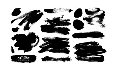 Fototapete - Vector black paint brushstrokes collection. Dry grunge design element, box or background for text. Grungy black smears and circle rough stains. Hand drawn ink illustration isolated on white background