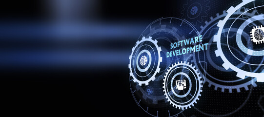 Inscription Software Development on the virtual display. Business, modern technology, internet and networking concept. 3d illustration