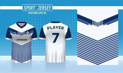 3D realistic mock up of front and back of white and blue soccer jersey t-shirt Concept for zebra stripe football team uniform or apparel mockup template in vector illustration. Soccer jersey design.