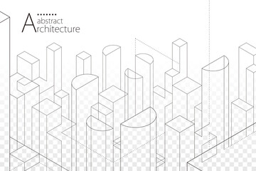 Aufkleber - 3D illustration Imagination architecture building construction perspective design,abstract modern urban building out-line black and white drawing.
