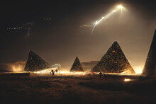 Night Fantasy Futuristic Desert Landscape With Egyptian Pyramids. Night Sky, Rays Of Light, Glare Of The Galaxy. Tunnel In The Pyramid. 3D Illustration.
