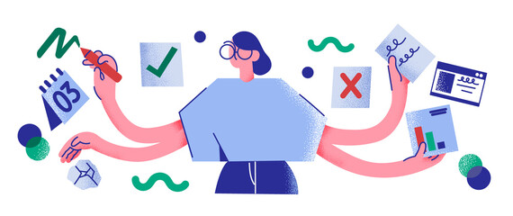 girl working on office paperwork, multi-armed girl working, multi task