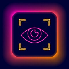 Sticker - Glowing neon line Eye scan icon isolated on black background. Scanning eye. Security check symbol. Cyber eye sign. Colorful outline concept. Vector