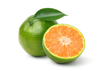 Tangerine orange with cut in half isolated on white background. Clipping path.