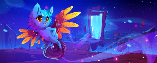 Wall Mural - superhero cat and fantastic portal at night. vector cartoon illustration of alien world landscape wi