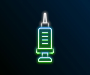 Sticker - Glowing neon line Addiction to the drug icon isolated on black background. Heroin, narcotic, addiction, illegal. Sick junkie with a syringe and medical pills. Colorful outline concept. Vector