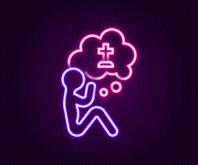 Sticker - Glowing neon line Man graves funeral sorrow icon isolated on black background. The emotion of grief, sadness, sorrow, death. Colorful outline concept. Vector