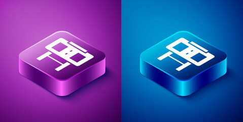 Isometric Sport mechanical scoreboard and result display icon isolated on blue and purple background. Square button. Vector