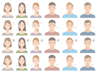 Various facial expressions of people. Smile, joy, anger, sadness. Flat vector illustration isolated on white background.