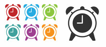 Black Alarm Clock Icon Isolated On White Background. Wake Up, Get Up Concept. Time Sign. Set Icons Colorful. Vector
