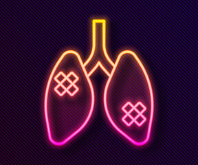 Sticker - Glowing neon line Disease lungs icon isolated on black background. Vector