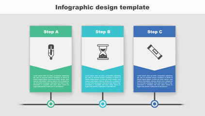 Sticker - Set Medical thermometer, Old hourglass with sand and Construction bubble level. Business infographic template. Vector