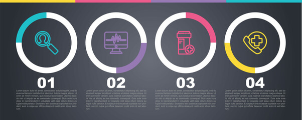 Wall Mural - Set line Medical analysis, Monitor with cardiogram, Medicine bottle and Emergency phone call hospital. Business infographic template. Vector