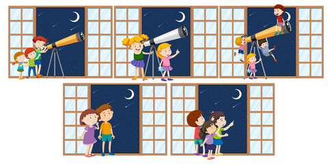 Wall Mural - set of different kids observe night sky with telescope
