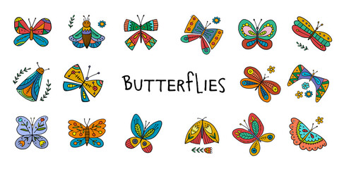 Poster - Ornate colorful butterflies, icons set for your design