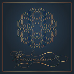 Wall Mural - Ramadan Greetings card with gold modern Spencerian calligraphy on blue background and mosaic. Vector illustration.