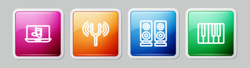 Sticker - Set line Laptop with music, Musical tuning fork, Stereo speaker and synthesizer. Colorful square button. Vector