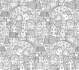 Wall Mural - Childish town street landscape with houses on road. Cute city in scandinavian style. Cartoon village buildings, seamless pattern background. Illustration of town childish street with buildings