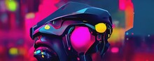 A Cyborg With A Glowing Face-screen Looks Directly Into The Background Of A Blurred Cyberpunk Landscape In Bright Neon Colors. Futuristic 3D Illustration