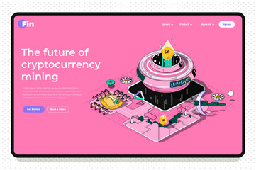 Cryptocurrency concept 3d isometric outline landing page. Blockchain technology, mining bitcoins and crypto money on abstract mining farm. Vector web illustration with abstract line composition.