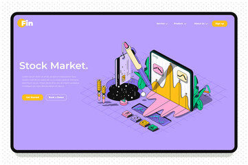 Leinwandbilder - Stock market concept 3d isometric outline landing page. Trading on stock exchange, analysis of financial statistics, investment strategy. Vector web illustration with abstract line composition.