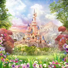 3d Image Of Fairy Tale Castle, Meadow With Wild Flowers, Soap Bubbles In The Air, Dense Vegetation, Mountains In The Background 3d Rendering
