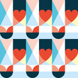 Mid-century modern 60's and 70's style vector seamles pattern with hearts and geometric shapes, retro wallpaper or fabric print background