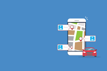 Online application for finding parking spaces, city parking. Smart city parking mobile app concept. Urban traffic technology.